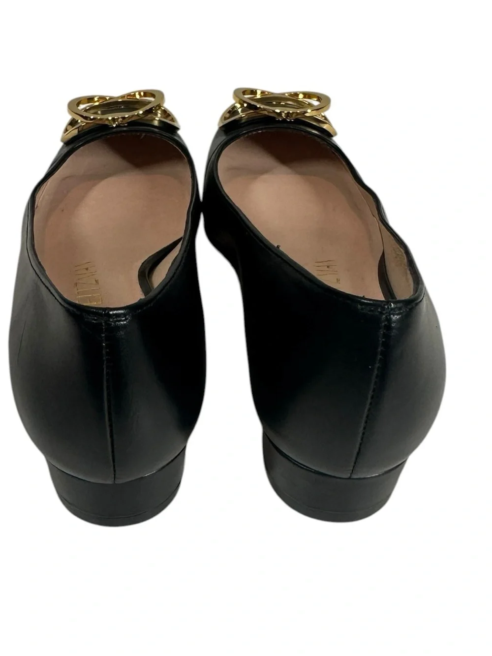 Stuart Weitzman 6.5 Anicia Black Leather Flats with Gold Buckle Accent